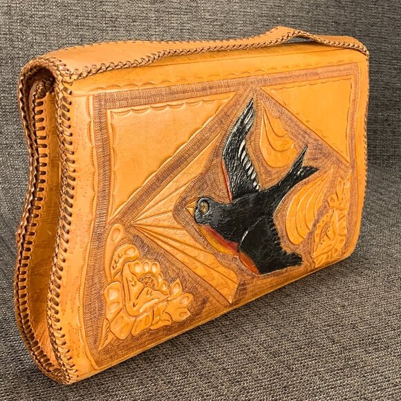 Vintage Hand Tooled Leather Noami Purse - floral large case handmade handbag - Picture 6 of 16